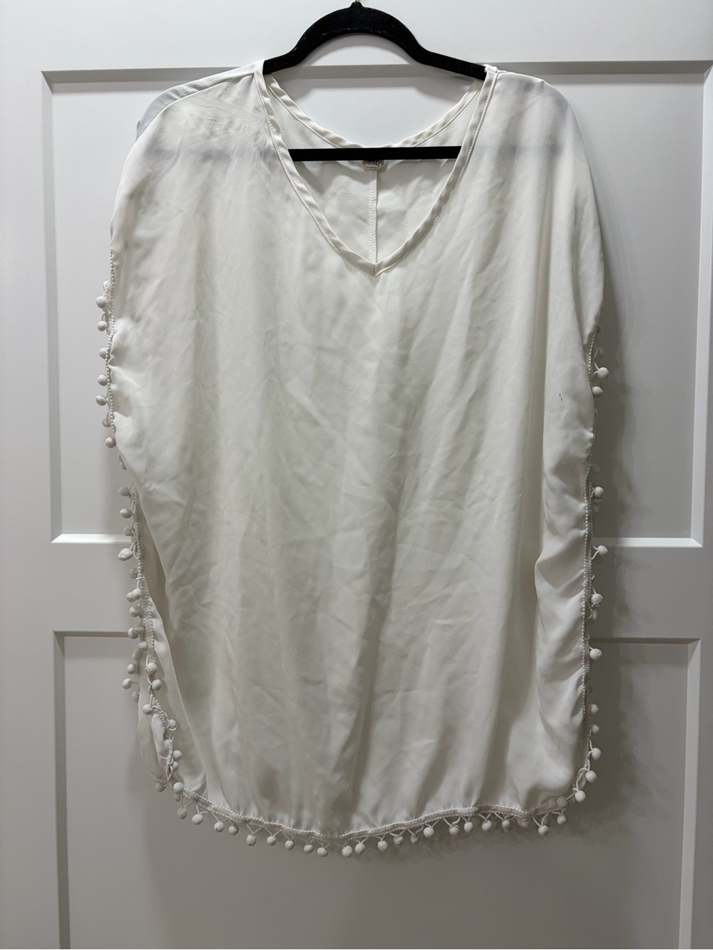 White Lightweight Summer Swimsuit Cover Up Pom-Pom Trim V-Neck Tunic Top
